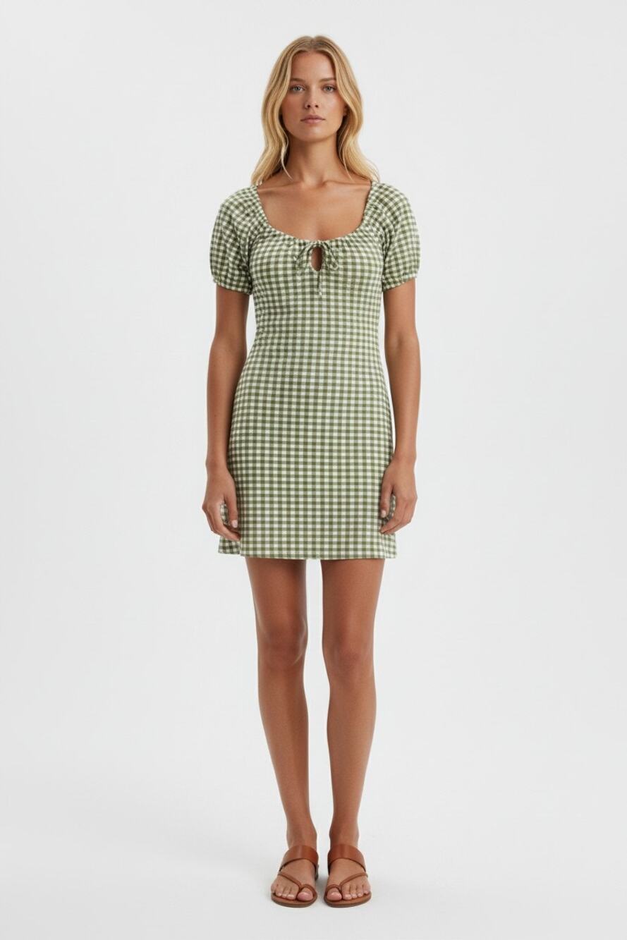 Madewell Womens Jacquard Puff-Sleeve Mini Dress in Gingham Check Medium Green
